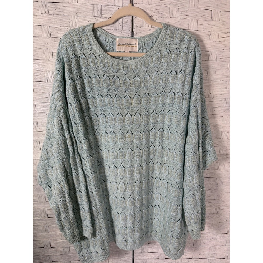 Marisa Christina II Women's Sweater Blue Metallic Knit Pointelle Lurex Plus Size